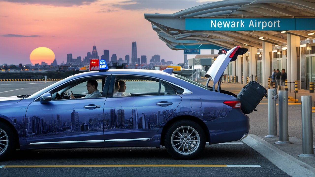 DIA Limo Taxi car at a New York airport at sunset